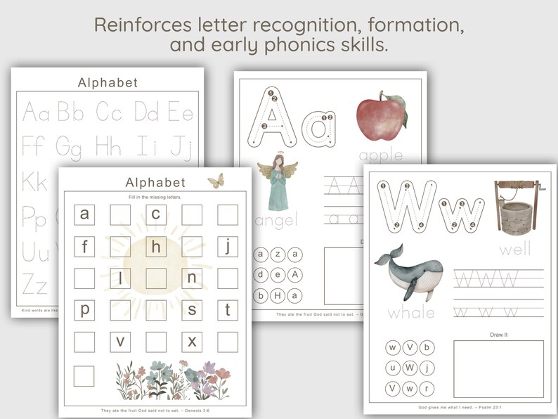 Peut inclure: Feuilles de travail &eacute;ducatives sur l'alphabet avec tra&ccedil;age de lettres, exercices &agrave; compl&eacute;ter et illustrations d'une pomme, d'un ange et d'une baleine. Con&ccedil;ues pour renforcer la reconnaissance des lettres et la phon&eacute;tique.