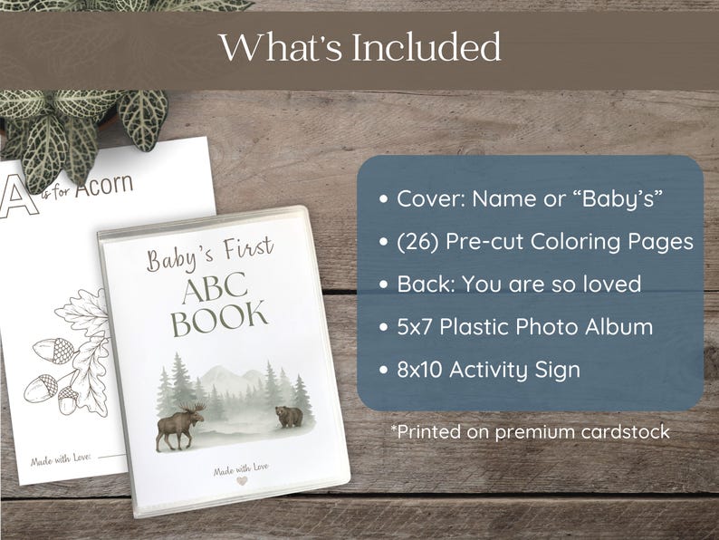 Moose and mountain-themed woodland baby shower ABC book, physical guest book alternative with warm hand-drawn sketch illustrations, 26 A–Z coloring pages for guests to sign, creating a treasured keepsake for baby.