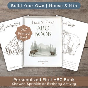 Woodland moose and mountain baby shower ABC coloring book guest book alternative with warm sketch illustrations, physical baby keepsake featuring A–Z nature pages for guests to color and sign, perfect rustic baby shower activity.