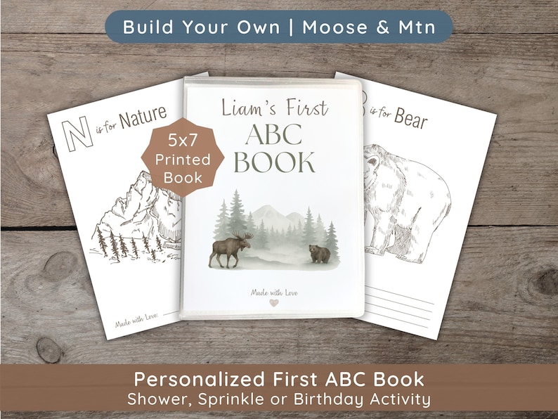 Woodland moose and mountain baby shower ABC coloring book guest book alternative with warm sketch illustrations, physical baby keepsake featuring A–Z nature pages for guests to color and sign, perfect rustic baby shower activity.
