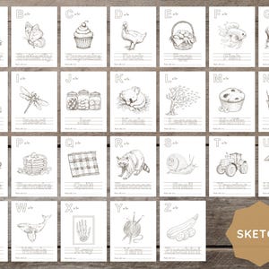 May include: A set of 26 printable flashcards featuring cute, cartoon-style illustrations of animals and objects, each corresponding to a letter of the alphabet. The cards are in black and white, perfect for coloring. Each card has the letter and word printed at the top, such as 'A - Alpaca' and 'B - Bear'. The word 'KAWAII' is printed on a gold-colored shape.