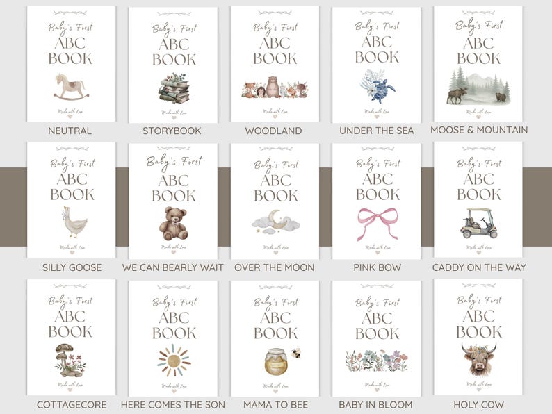 May include: A collection of baby ABC books with various themes, including woodland animals, under the sea, and a pink bow. Each book cover features the title "Baby's First ABC Book" in elegant typography, with decorative illustrations.