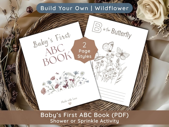 Wildflower Baby Shower ABC Book, Baby in Bloom Guest Book Idea, Printable Flower Alphabet Coloring Cards, Floral Theme Fun Activity
