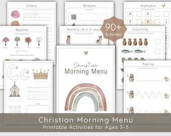 Christian Toddler Busy Book Preschool Curriculum | Montessori Homeschool Morning Menu Printable Worksheets, Quiet Book