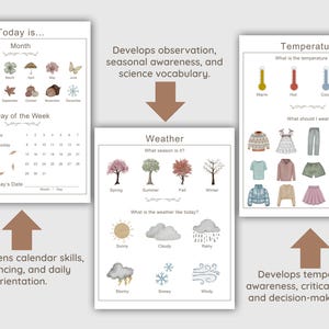 Peut inclure: Planches &eacute;ducatives pour enfants, avec des tableaux de calendrier, de m&eacute;t&eacute;o et de temp&eacute;rature. Comprend des illustrations des mois, des jours, des saisons et des conditions m&eacute;t&eacute;orologiques. D&eacute;veloppe l'observation et la conscience saisonni&egrave;re.