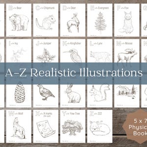 Rustic woodland ABC coloring book with moose and mountain designs, physical guest book alternative for baby shower with warm sketch-style illustrations, guests color A–Z pages and sign for a unique memory book.