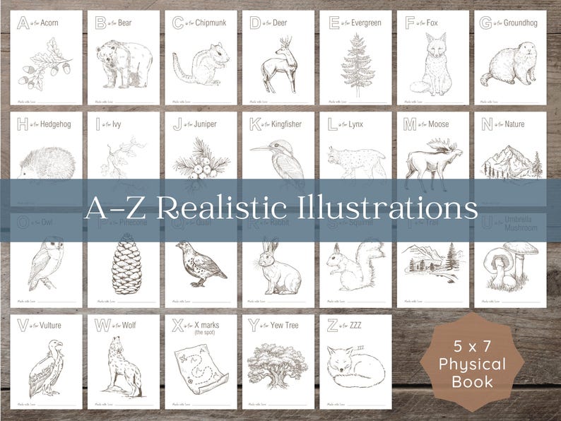 Rustic woodland ABC coloring book with moose and mountain designs, physical guest book alternative for baby shower with warm sketch-style illustrations, guests color A–Z pages and sign for a unique memory book.