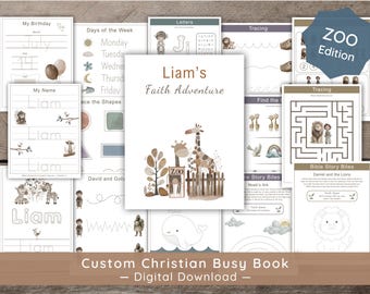 Nom personnalisé Bible Occupé Book : PDF imprimable pour l'école à la maison chrétienne, activité de temps calme préscolaire,