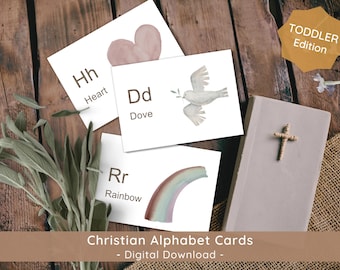 Christian Preschool Homeschool Printable ABC Flashcards: Watercolor Bible Classroom Alphabet Learning Cards (PDF Download)