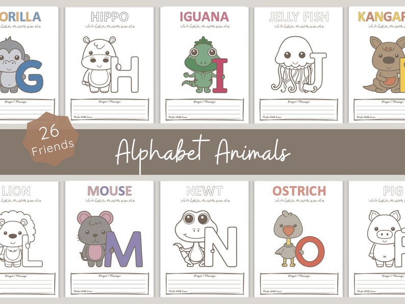 A to Z animal coloring book for baby shower guests. Includes space for prayer or message to baby. No prep, printable activity.
