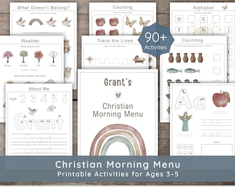Christian Morning Menu Interactive Toddler Busy Book: Preschool Curriculum Homeschool Printable Worksheets, Personalized Name Tracing