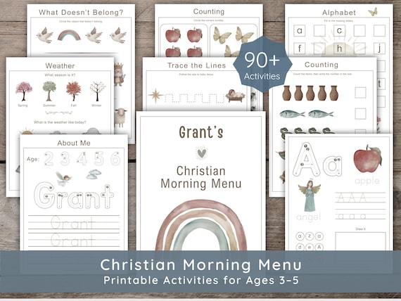 Christian Morning Menu Interactive Toddler Busy Book: Preschool Curriculum Homeschool Printable Worksheets, Personalized Name Tracing