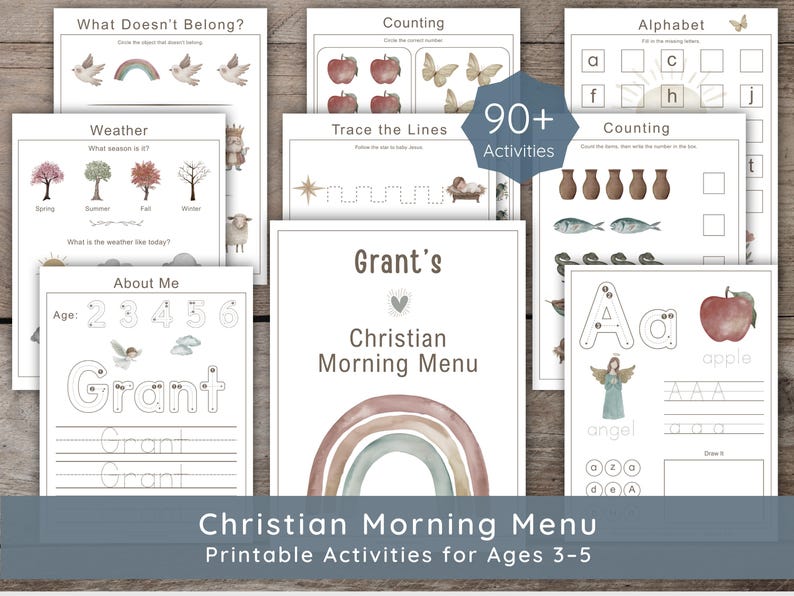 Christian toddler workbook with laminated pages and spiral binding, featuring early learning activities, Bible stories, and personalized pages for ages 2–5. Aesthetic, clutter-free design perfect for screen-free, faith-based learning at home or on the go.