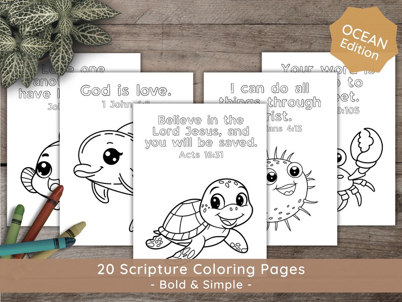 Ocean-themed Bible verse coloring page with a smiling whale and waves, featuring the verse “God’s love is deeper than the sea – Psalm 36:6.”
