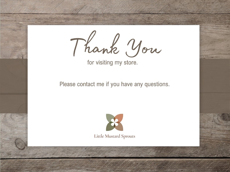 Thank you for visiting Little Mustard Sprouts shop message on rustic wood background with logo at bottom.