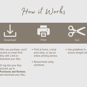 May include: An instructional graphic with the text "How it Works." It shows a download icon, a printer icon, and scissors, with instructions for downloading, printing, and cutting. The text includes "Download," "Print," and "Cut."