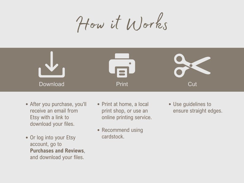 May include: An instructional graphic with the text "How it Works." It shows a download icon, a printer icon, and scissors, with instructions for downloading, printing, and cutting. The text includes "Download," "Print," and "Cut."
