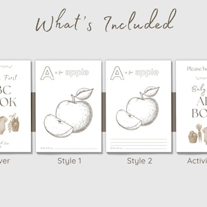 May include: A set of four printable pages for a baby's first ABC book. The cover features the text "Baby's First ABC BOOK" with illustrations. Two pages show an apple with the letter "A". The last page is an activity sign.