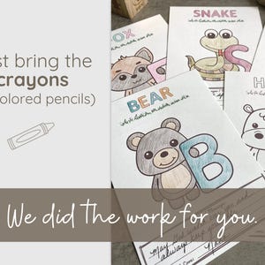 Baby’s first alphabet book coloring pages with cute animals and message space. Easy baby shower activity and keepsake in one.