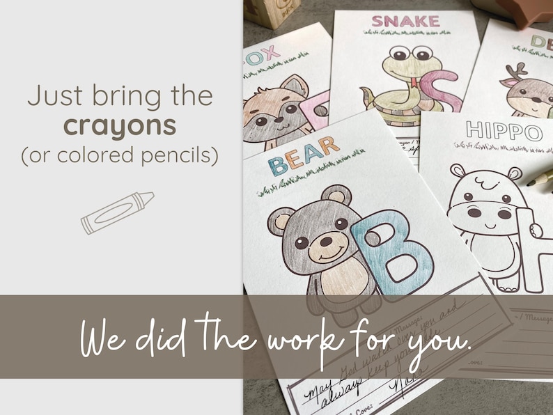 Baby’s first alphabet book coloring pages with cute animals and message space. Easy baby shower activity and keepsake in one.