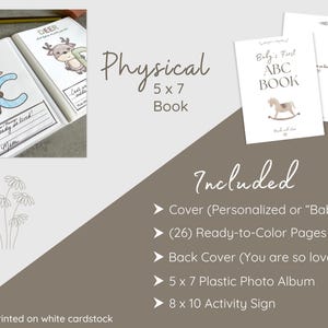 Keepsake baby ABC book with animals to color and a message area for guests. Fun and easy baby shower activity.