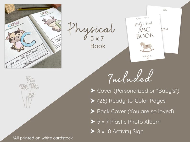 Keepsake baby ABC book with animals to color and a message area for guests. Fun and easy baby shower activity.