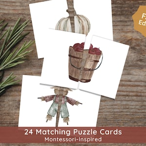 Könnte beinhalten: Ein Satz von 24 passenden Puzzlekarten mit Aquarellillustrationen zu Herbstthemen, darunter ein Kürbis, Äpfel in einem Eimer und eine Vogelscheuche. Die Karten sind mit "Fall Edition" und "24 Matching Puzzle Cards Montessori-Inspired" beschriftet.