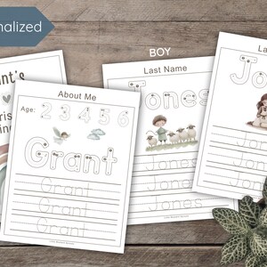 Personalized Christian activity book for toddlers featuring over 30 early learning skills, 5 Bible mini-lessons, name writing, and a no-prep, reusable format. Spiral bound and laminated for durability, ideal for screen-free play and Montessori learning.