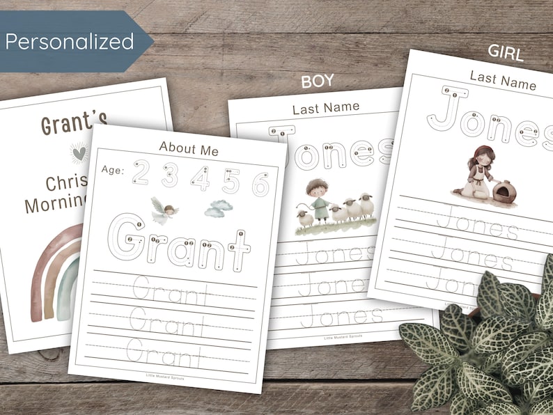 Personalized Christian activity book for toddlers featuring over 30 early learning skills, 5 Bible mini-lessons, name writing, and a no-prep, reusable format. Spiral bound and laminated for durability, ideal for screen-free play and Montessori learning.