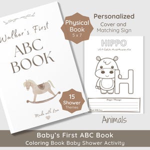 Printed 5x7 baby shower activity book with alphabet animal coloring pages and heartfelt prayer/message section.