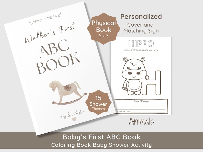 Printed 5x7 baby shower activity book with alphabet animal coloring pages and heartfelt prayer/message section.