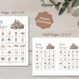 wo baby bingo game printables. The full-page version is 8.5" x 11" and the half-page version is 5" x 7". Each card features illustrations of baby-related items like a stuffed animal, rattle, and crib. The words "Baby Bingo" are at the top.