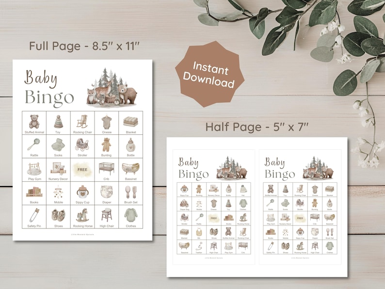 wo baby bingo game printables. The full-page version is 8.5" x 11" and the half-page version is 5" x 7". Each card features illustrations of baby-related items like a stuffed animal, rattle, and crib. The words "Baby Bingo" are at the top.