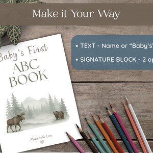 Moose and mountain woodland ABC coloring book for baby shower guest book alternative, physical book with warm sketch illustrations, A–Z pages for guests to color and sign, perfect rustic keepsake for baby.
