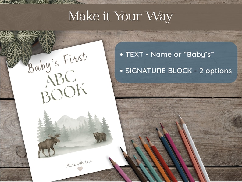 Moose and mountain woodland ABC coloring book for baby shower guest book alternative, physical book with warm sketch illustrations, A–Z pages for guests to color and sign, perfect rustic keepsake for baby.