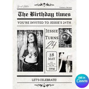Editable Birthday Newspaper Template, Newspaper Birthday Invitation, Mobile Birthday Invitations, Printable Birthday Invitations