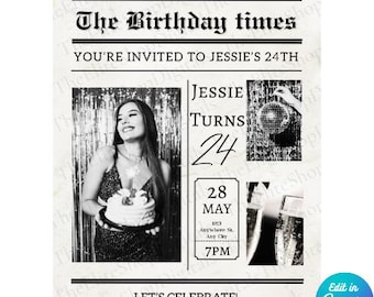 Editable Birthday Newspaper Template, Newspaper Birthday Invitation, Mobile Birthday Invitations, Printable Birthday Invitations