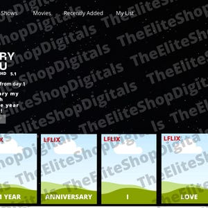 Puede incluir: Una pantalla negra con estrellas blancas, una pancarta roja con el texto "LOVEFLIX" y el texto "HAPPY ANNIVERSARY I LOVE YOU". Debajo de la pancarta hay un rectángulo negro con el texto "LF FILM" y el texto "NEW Year TV-MA 1 Hour HD 5.1". Debajo del rectángulo hay un rectángulo negro con el texto "Month 00 always and my forever from day 1 Happy 1 Year Anniversary my love, I love you so much forever and always. One year down and forever to go!" y el texto "►Play + My List". Debajo del rectángulo está el texto "Movies" y seis rectángulos negros con el texto "LFLIX" y el texto "HAPPY", "1 YEAR", "ANNIVERSARY", "I", "LOVE", y "YOU".