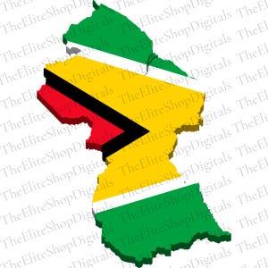 May include: A 3D rendering of the map of Guyana, colored in the national flag's colors: yellow, green, red, black, and white. The map is slightly angled, giving it a three-dimensional appearance.