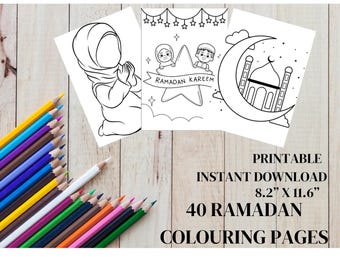 May include: 40 printable Ramadan coloring pages, 8.2" x 11.6", featuring illustrations of children, a crescent moon, a mosque, and a star with the text "Ramadan Kareem".