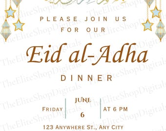 Puede incluir: Invitación a una cena de Eid al-Adha, con texto dorado y marrón sobre fondo blanco. Incluye faroles colgantes, estrellas y una luna creciente. La fecha es el 6 de junio a las 18:00.