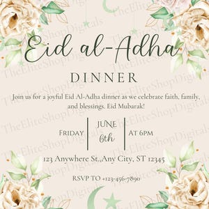 Puede incluir: Una invitación a una cena de Eid al-Adha, con arreglos florales de rosas crema y rosa pálido con follaje verde. El texto incluye la fecha, hora y lugar del evento.