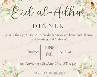 Puede incluir: Una invitación a una cena de Eid al-Adha, con arreglos florales de rosas crema y rosa pálido con follaje verde. El texto incluye la fecha, hora y lugar del evento.
