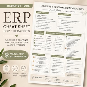 May include: A white paper document titled Exposure & Response Prevention (ERP) Cheat Sheet for Therapists. It features sections on the ERP formula, in-session exposure steps, common compulsions to block, therapist do's and don'ts, and debrief questions.