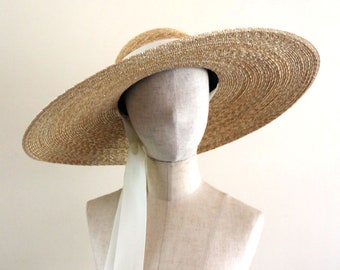 Very wide-brimmed straw hat with chin strap ribbons Adeline, summer wide-brimmed hat