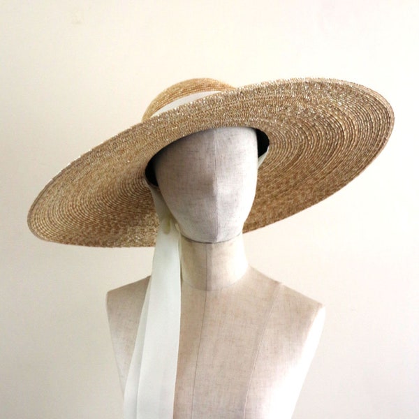 Very wide-brimmed straw hat with chin strap ribbons Adeline, summer wide-brimmed hat