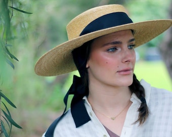 Wide Brimmed Natural Straw Boater Hat with a long chin strap ribbon Amal