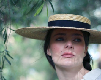 Natural Straw Wide Flat Brimmed Boater Hat Kate shallow crown hat saucer hat flat top, Royal Ascot