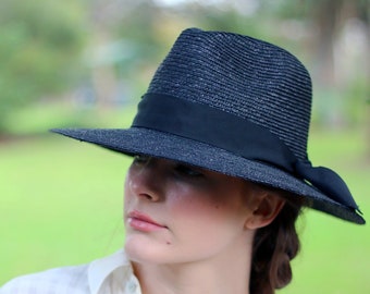 Breiter Krempe Fein Schwarzer Natur Stroh Fedora Hut Alex Schwarz