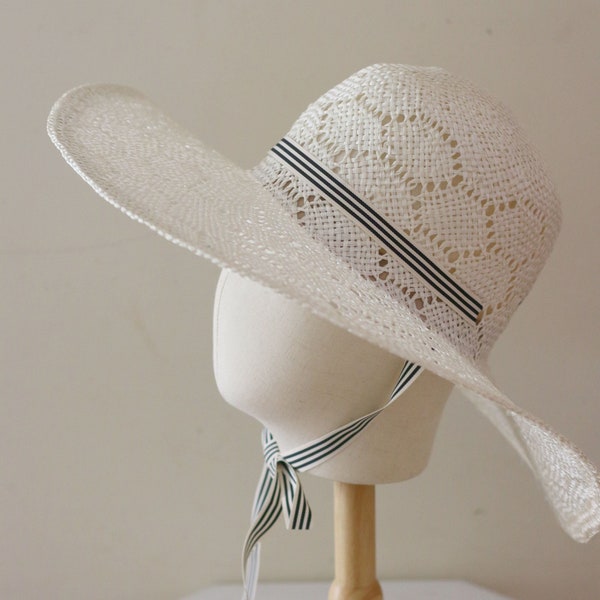 Sample Sale White Capeline Straw Hat with side slits striped ribbon,  Summer Women Hat Sisal Natural Material, wide-brimmed hat